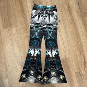 Trippy/futuristic bell bottom, flare rave/festival pants